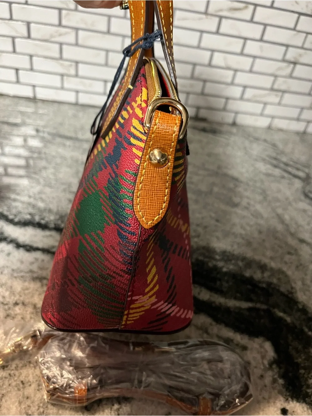 Dooney & Bourke Red Plaid Satchel with Tan Trim